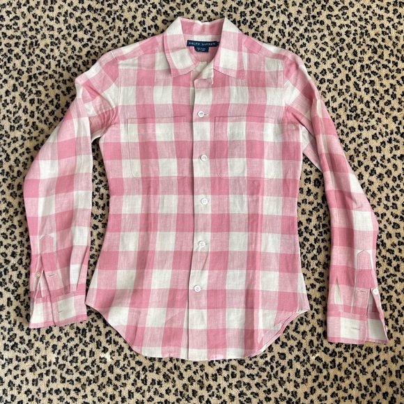 Ralph Lauren Linen Gingham Button Down Shirt Size 2 - Picture 5 of 10